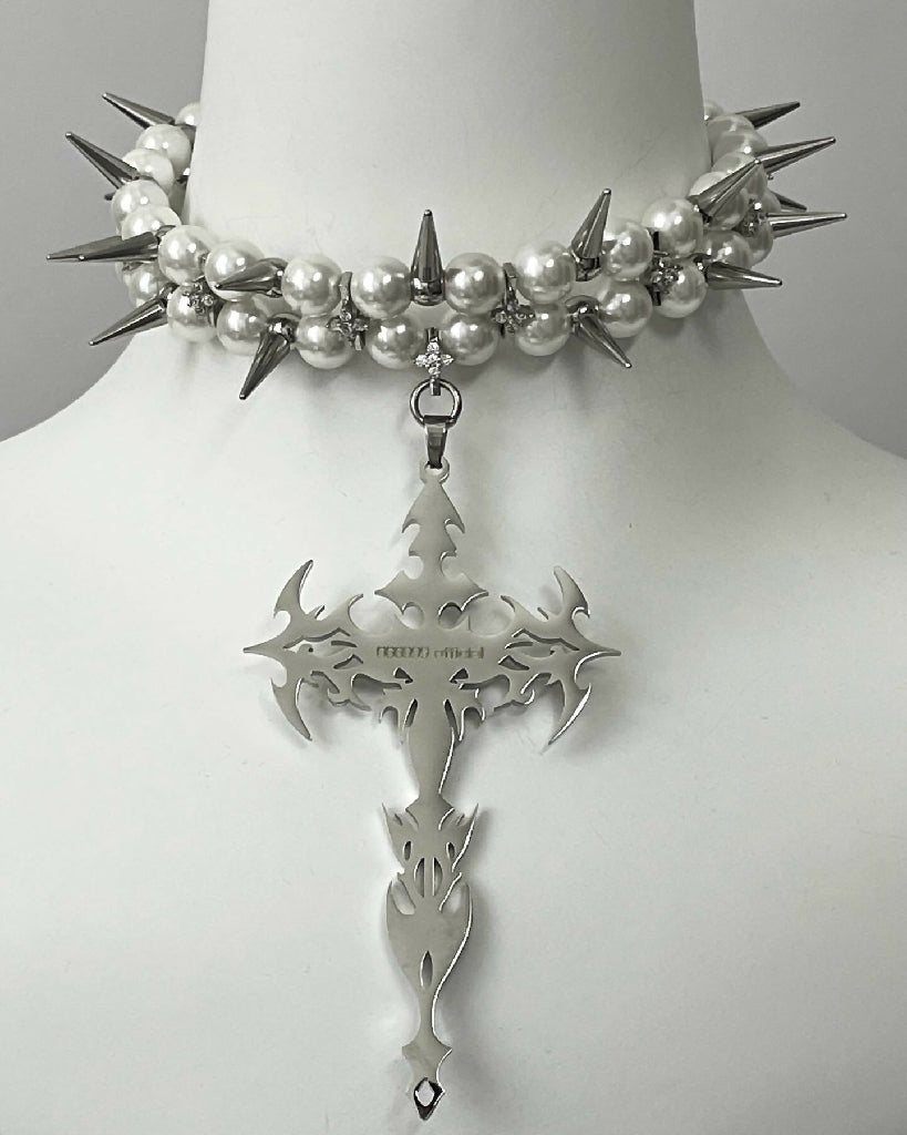 “Angel's Shackles” spiked pearls cross choker