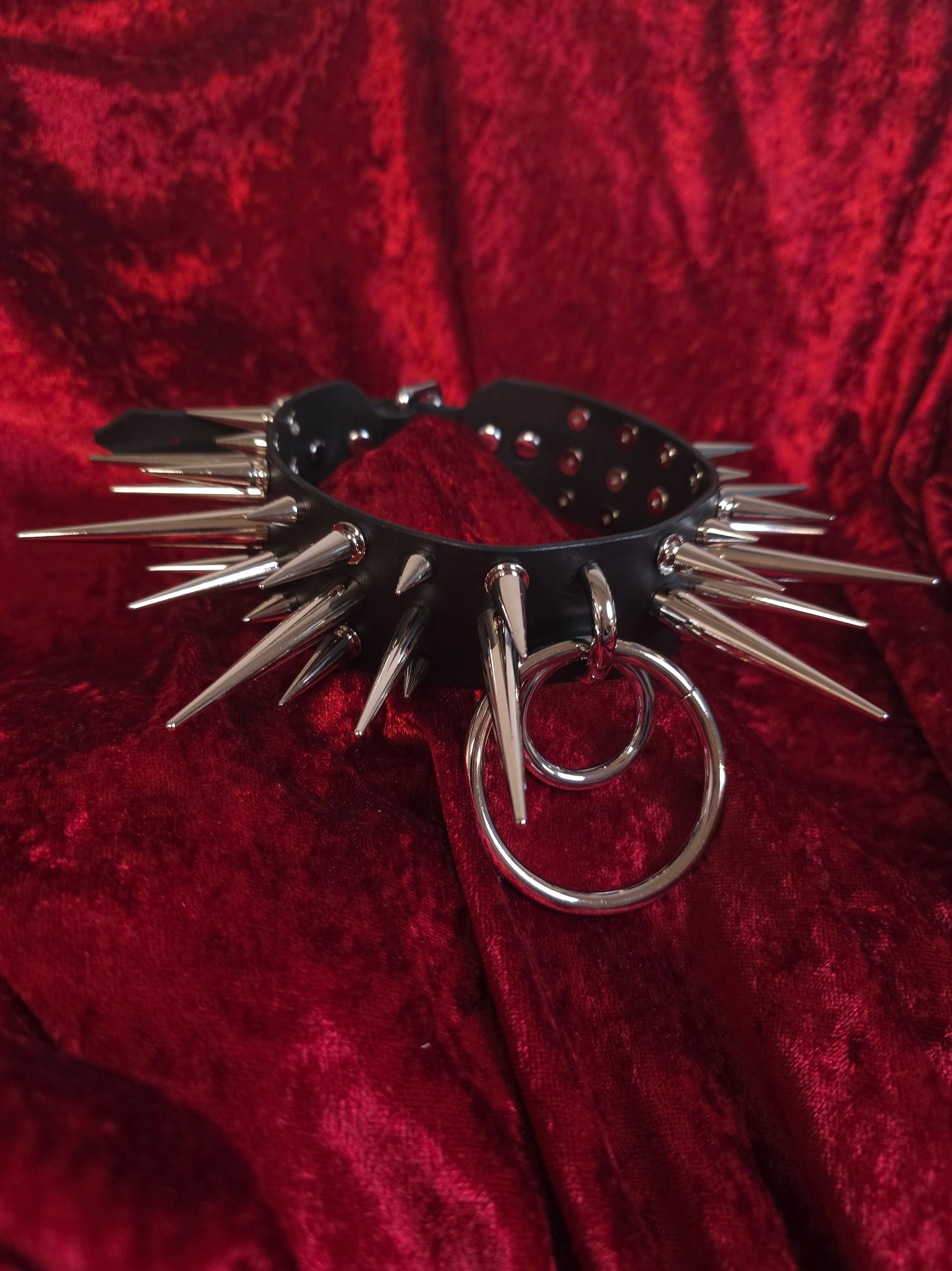 Spiked collar with metal rings on a red textured background