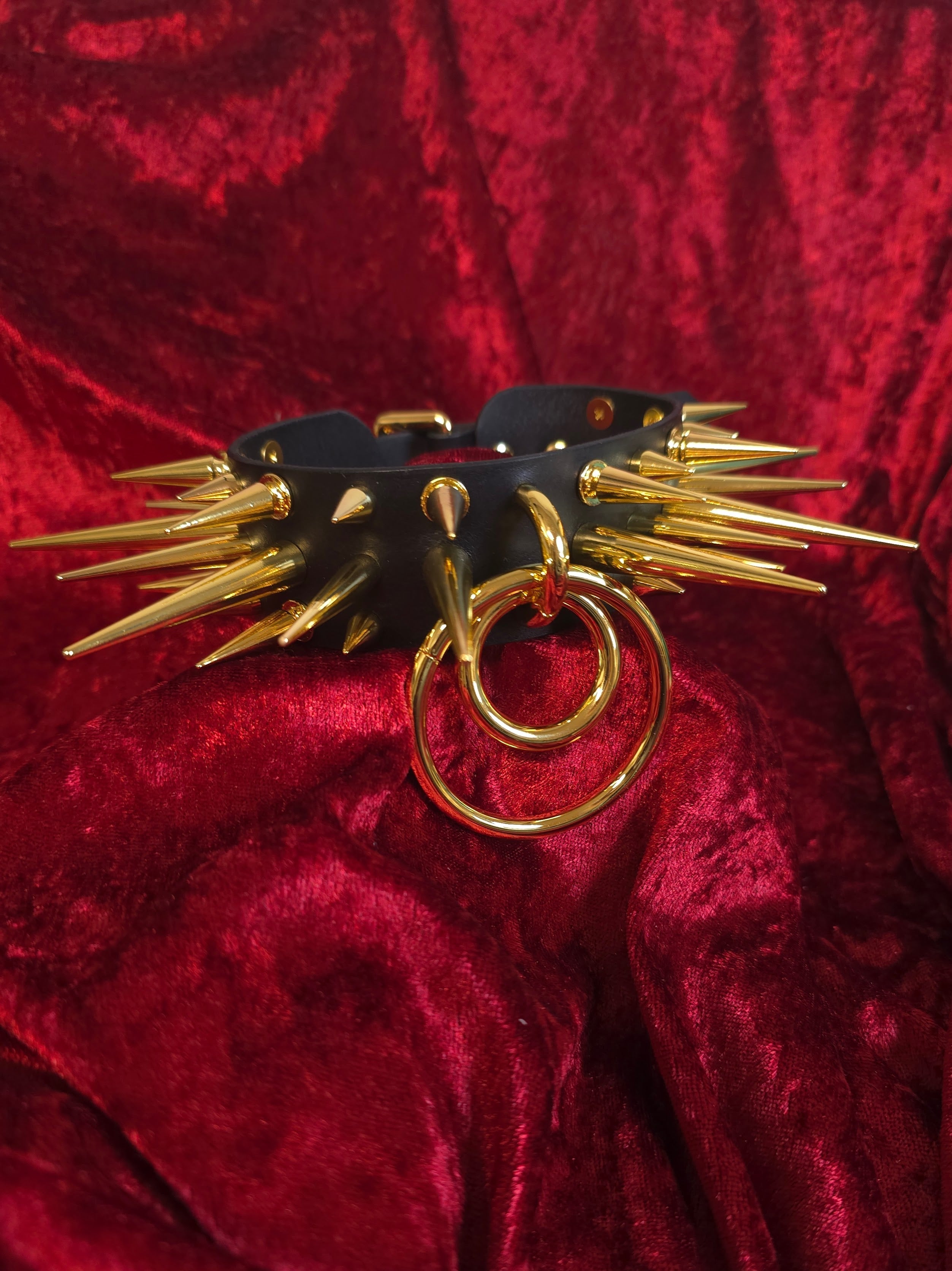 Black leather collar with gold spikes on a red velvet background