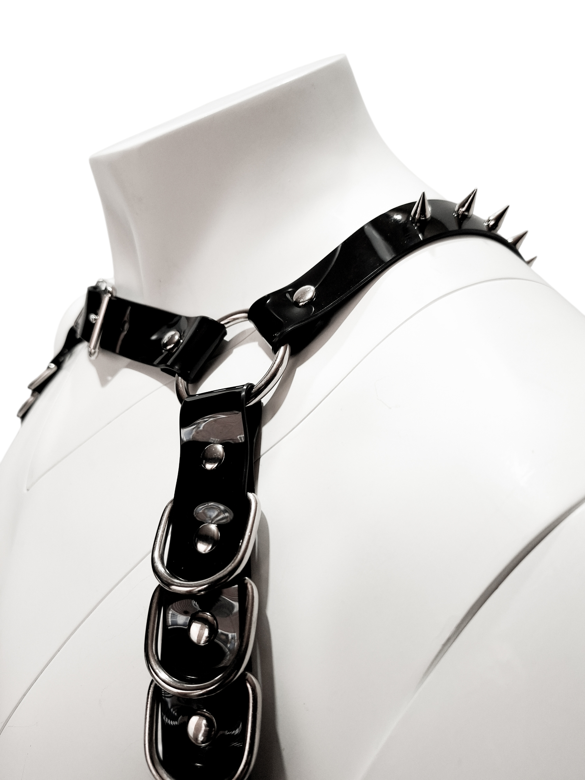 Black Vinyl Chest Harness with D-Rings & Spikes