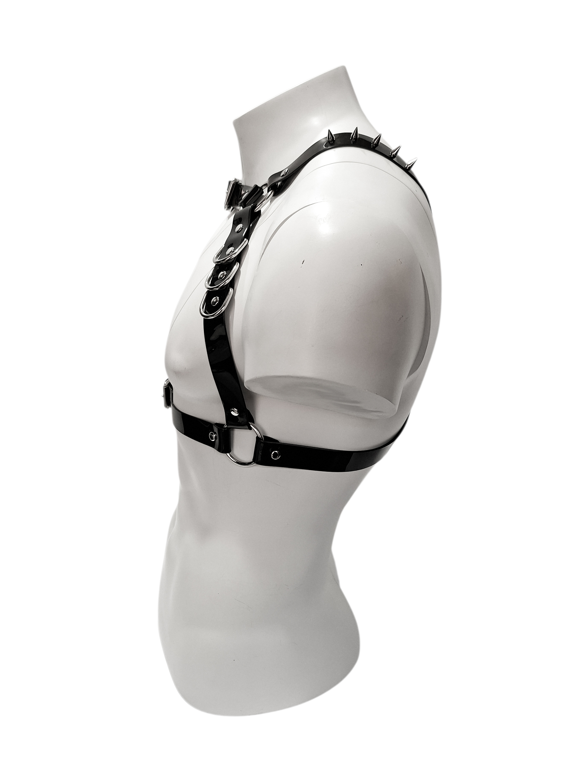 Black Vinyl Chest Harness with D-Rings & Spikes