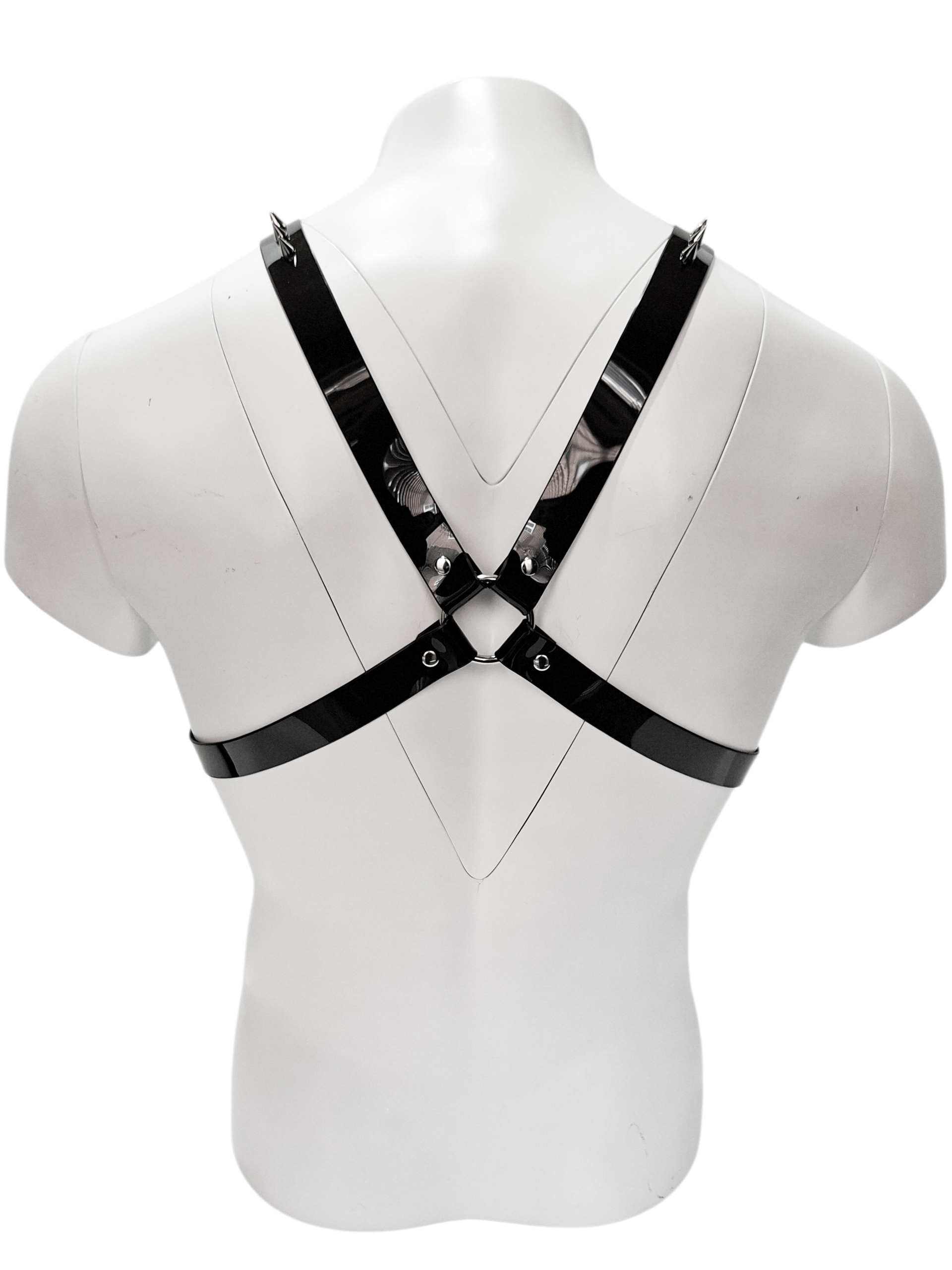 Black Vinyl Chest Harness with D-Rings & Spikes