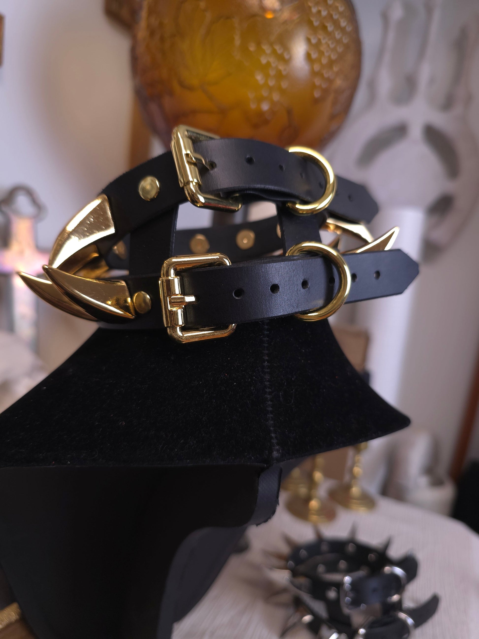 back view of black neck form wearing black leather collar with golden hardware