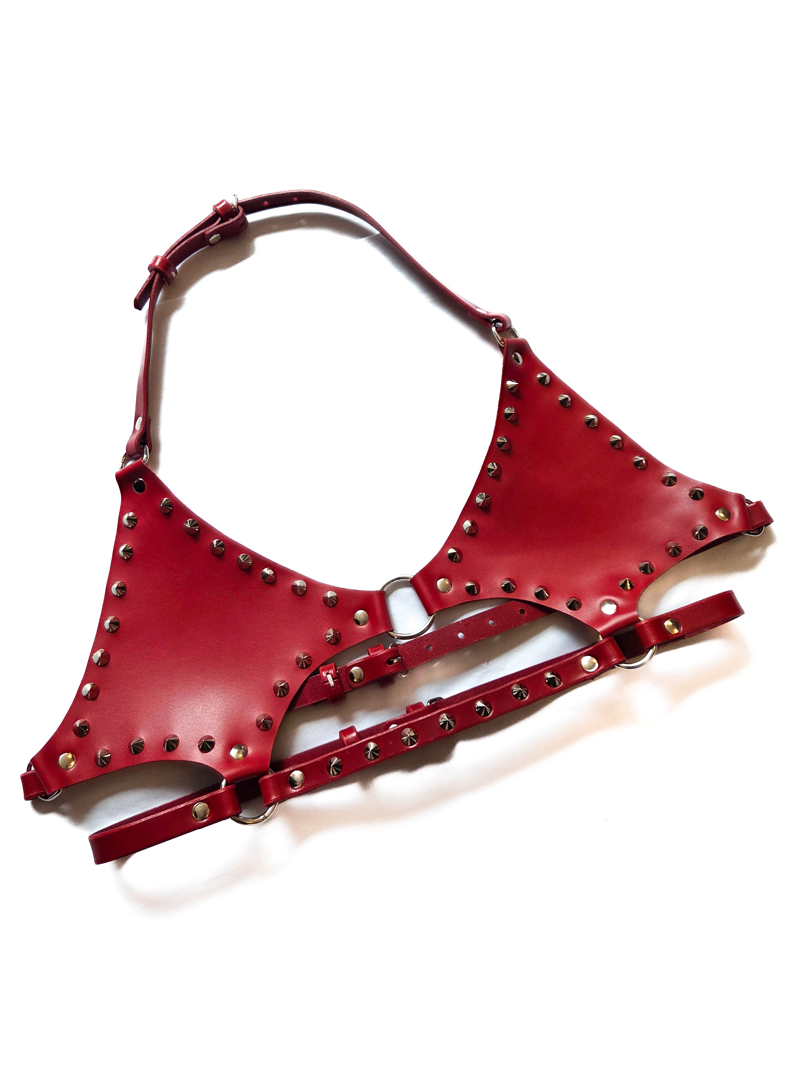 Leather cut out studded spike o-ring cage bra