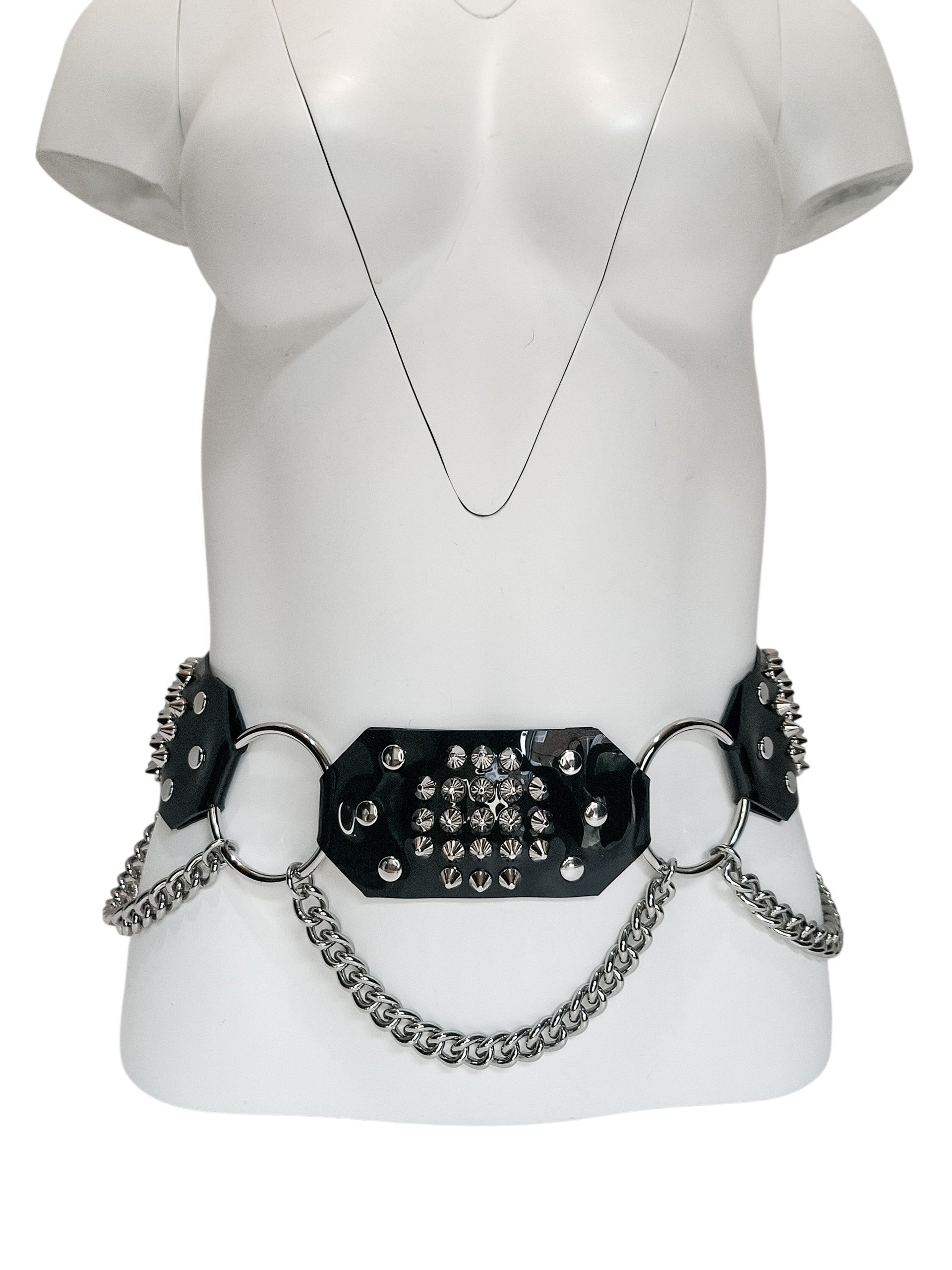 NINTH GATE Black Vinyl Chain Belt with Studs and O-Rings