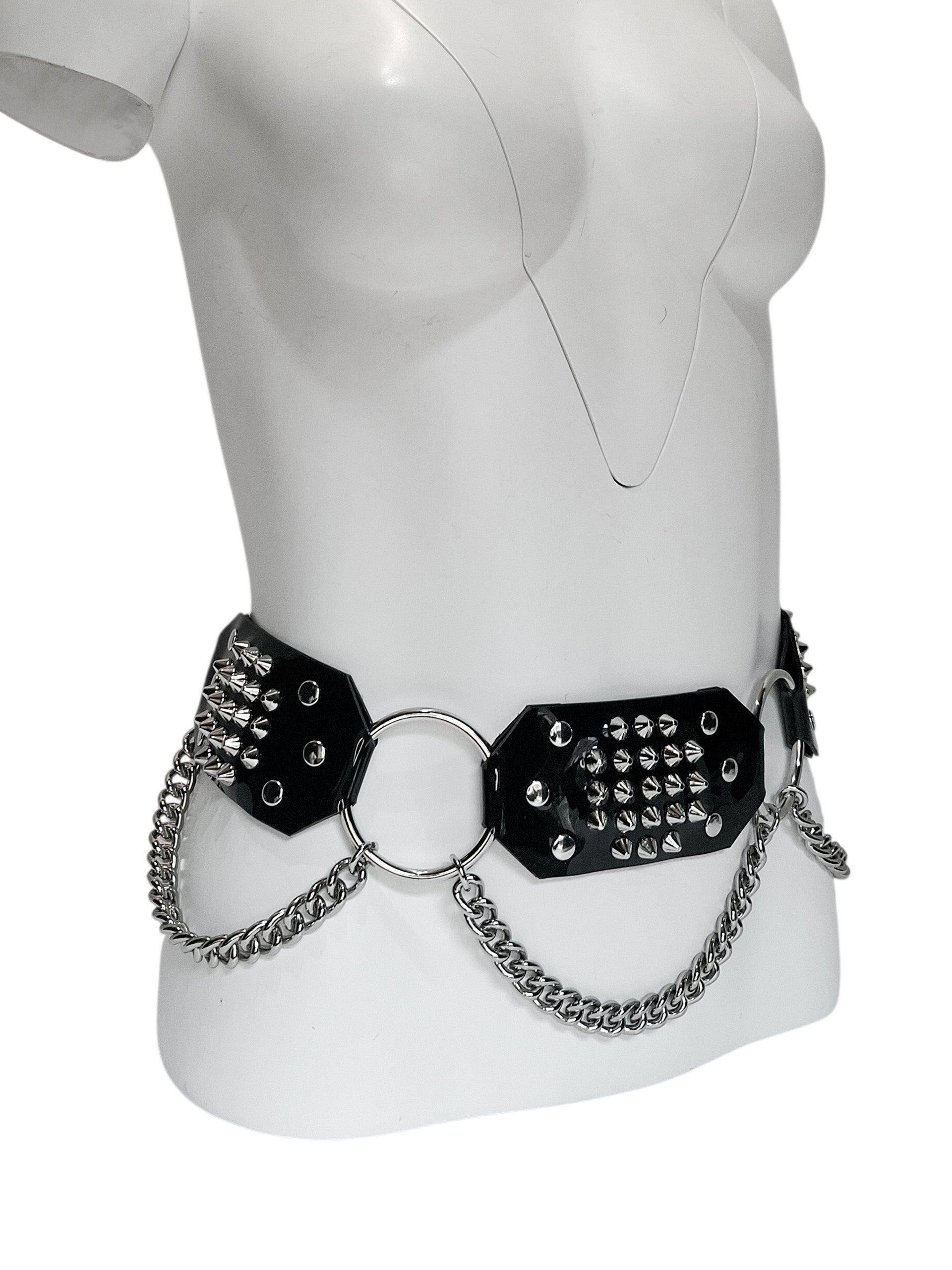 NINTH GATE Black Vinyl Chain Belt with Studs and O-Rings