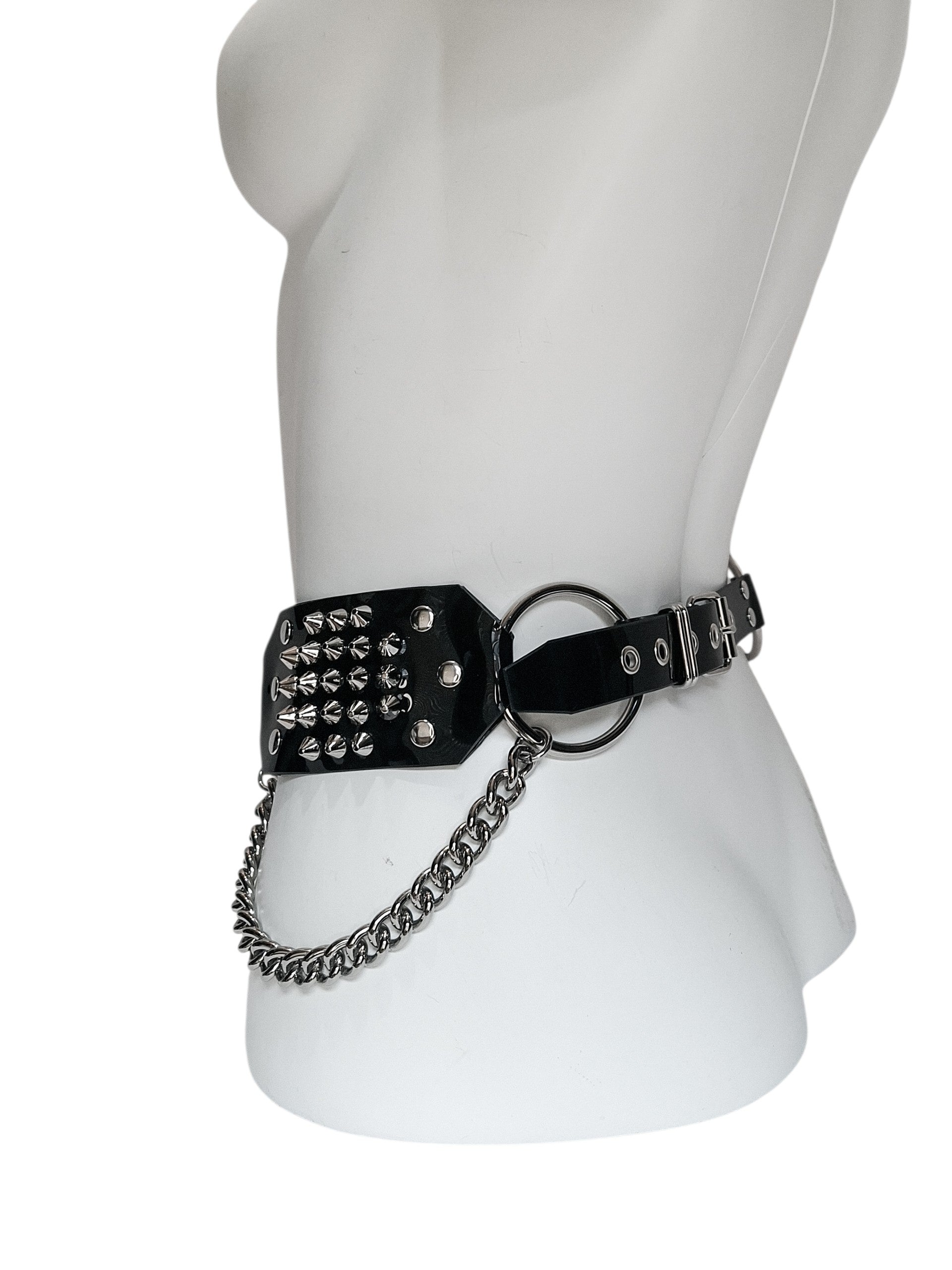 NINTH GATE Black Vinyl Chain Belt with Studs and O-Rings