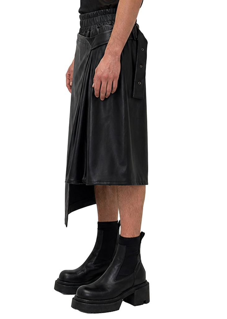 VEGAN LEATHER ASYMMETRIC PLEATED SHORTS