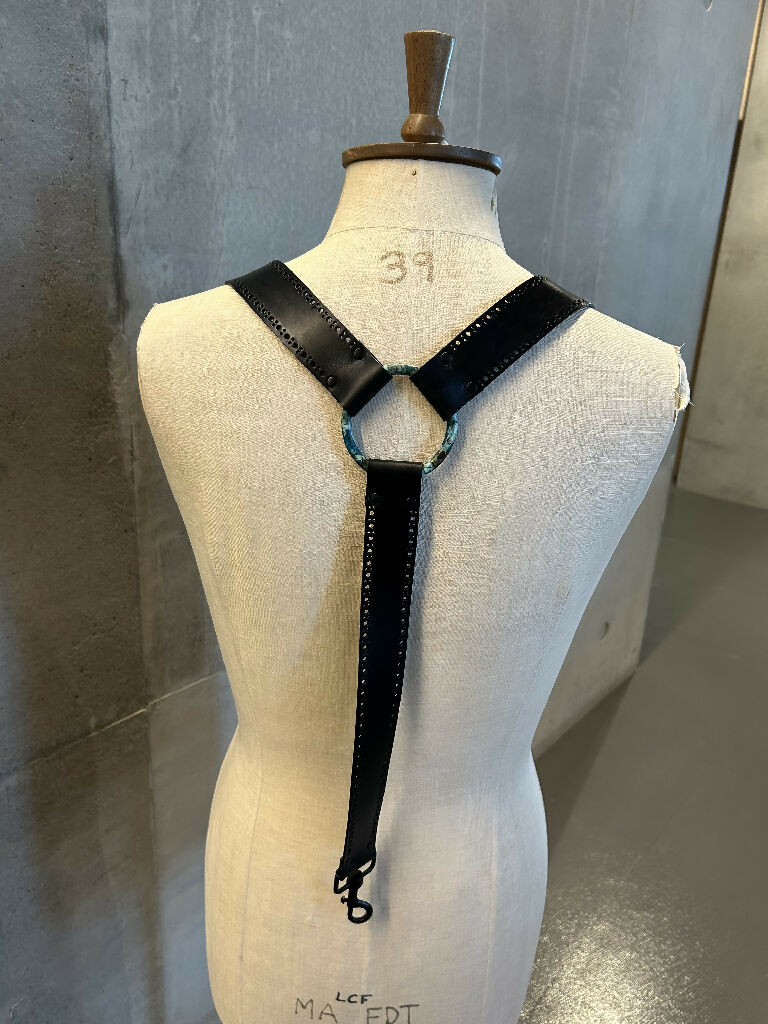 Black leather braces and belt set with broguing and oxidised brass hardware