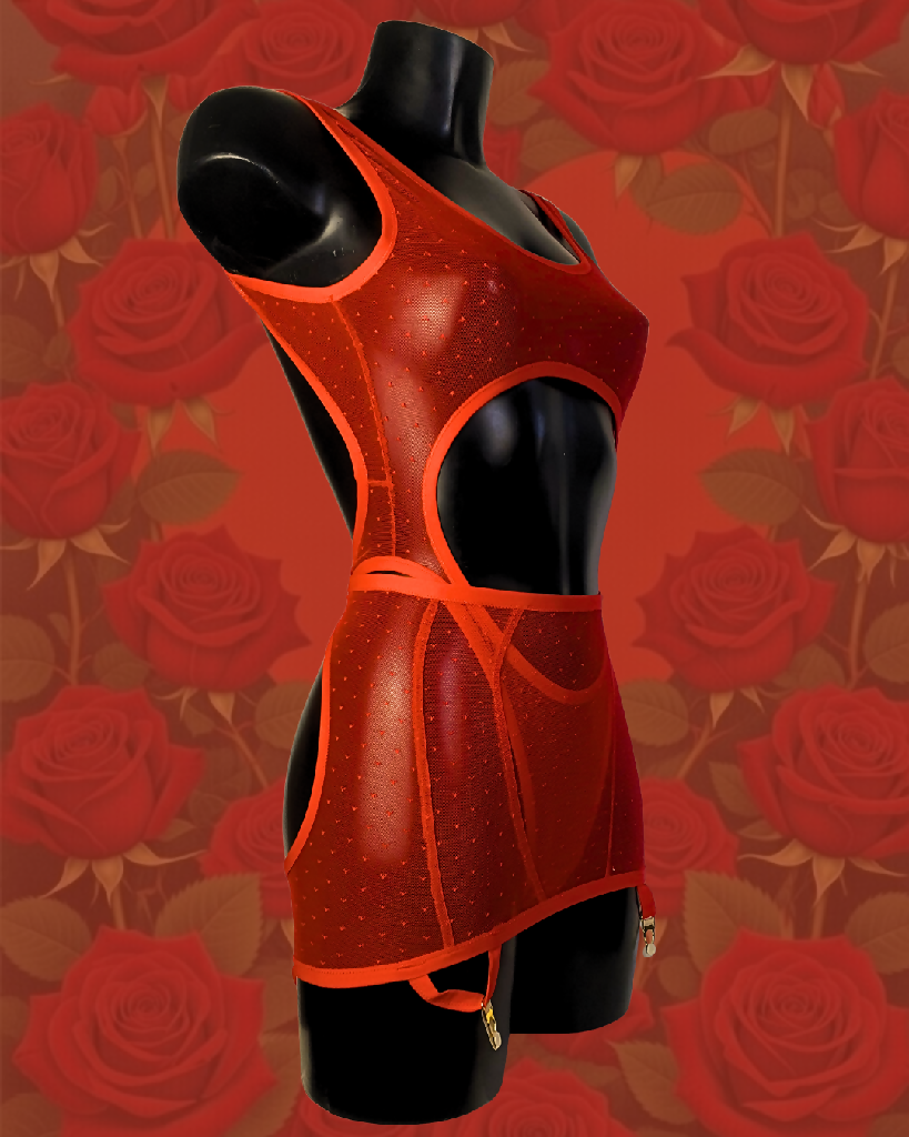 The AMORE overt suspender skirt in spicy red pin dot mesh LIMITED EDITION