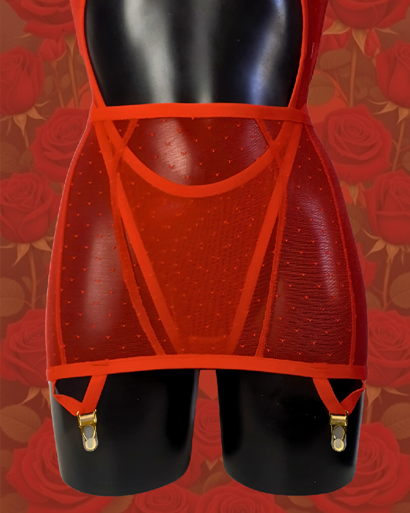 The AMORE overt suspender skirt in spicy red pin dot mesh LIMITED EDITION
