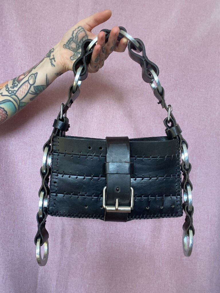 Upcycled Leather Handbag with Metal Ring Details