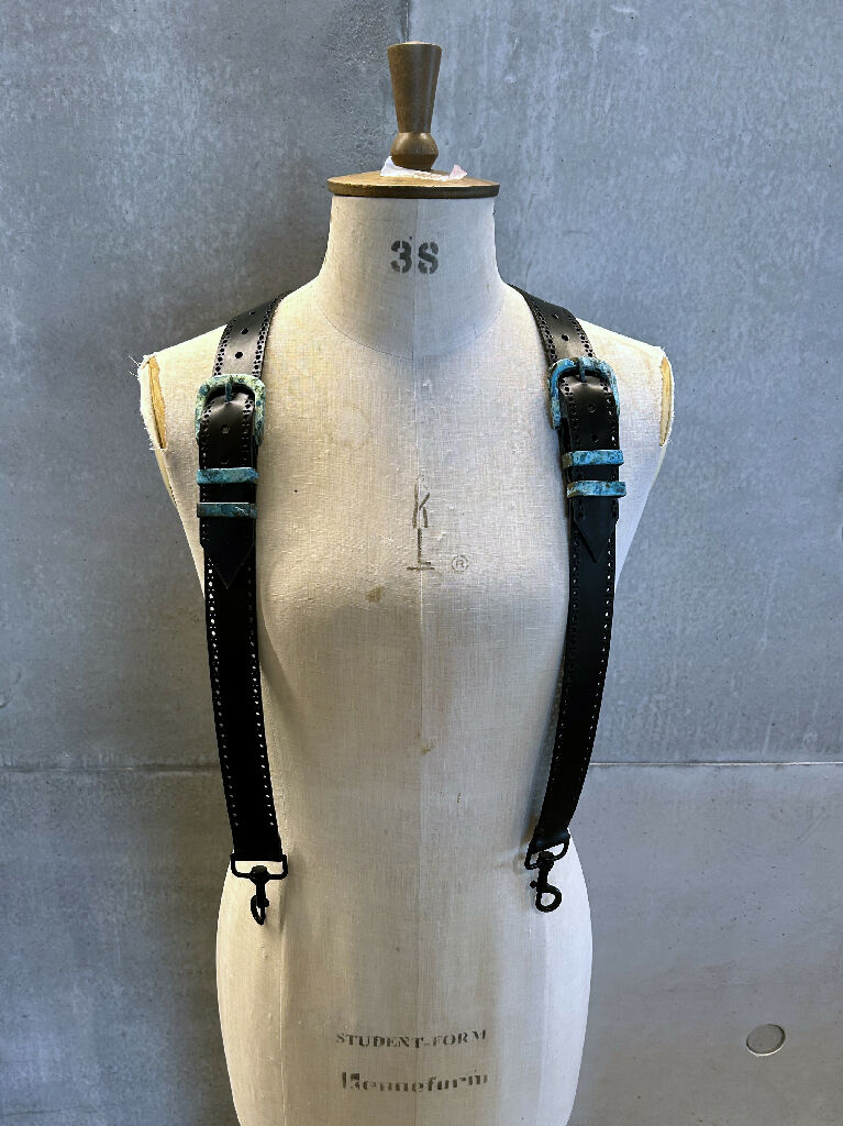 Black leather braces and belt set with broguing and oxidised brass hardware