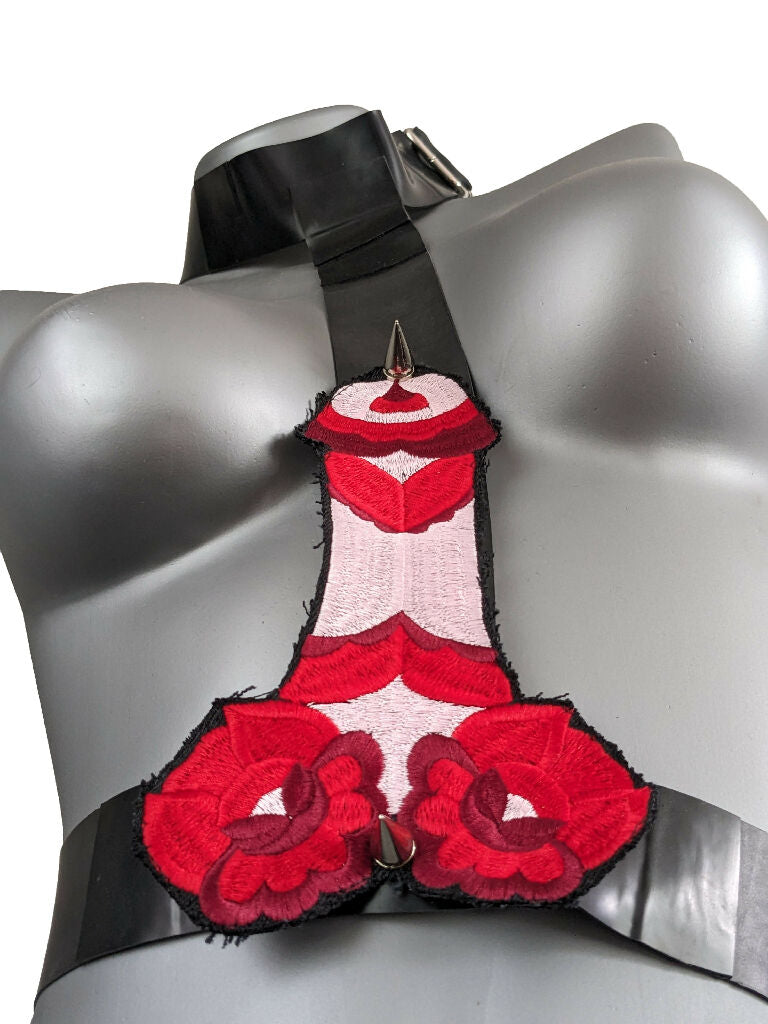 Leftöver Latex Harness with Embroidered Denim Patch and Spikes