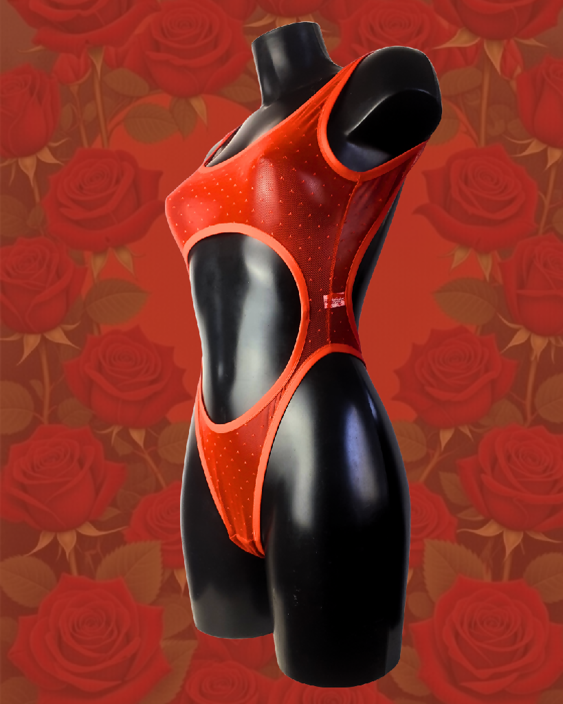 The Valentine REVOLUTION backless bodysuit in spicy red pin dot mesh LIMITED EDITION