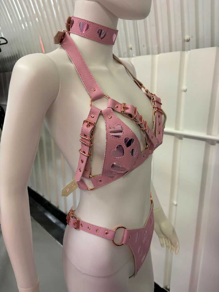 Pink 'Queen of Hearts' Bra, Thong & Collar Set.