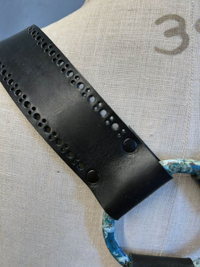 Black leather braces and belt set with broguing and oxidised brass hardware