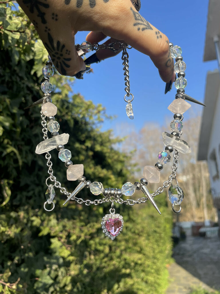 Spiked pink heart necklace