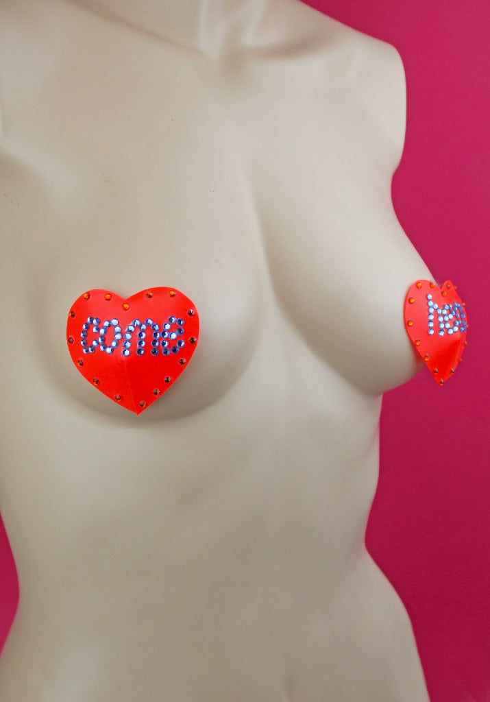 “COME HERE” HEART LATEX NIPPLE PASTIES ( PICK YOUR COLOUR )