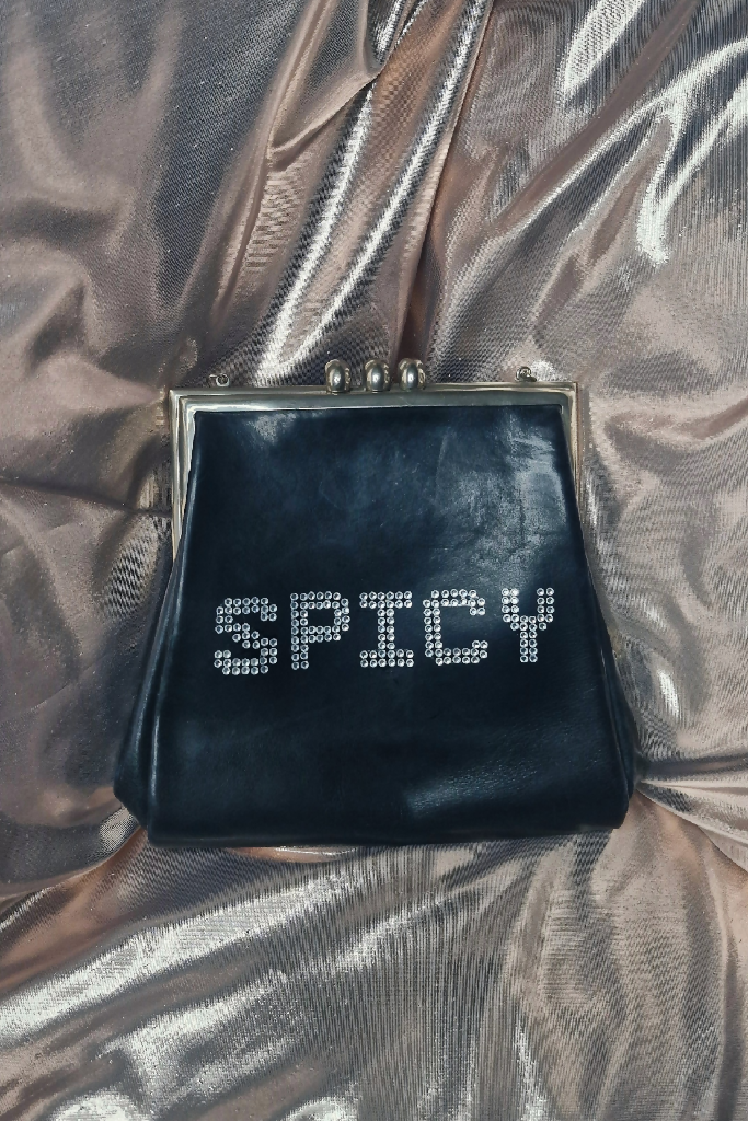 Vintage 'SPICY' Upcycled Rhinestone Black Slate Grey Leather Clutch