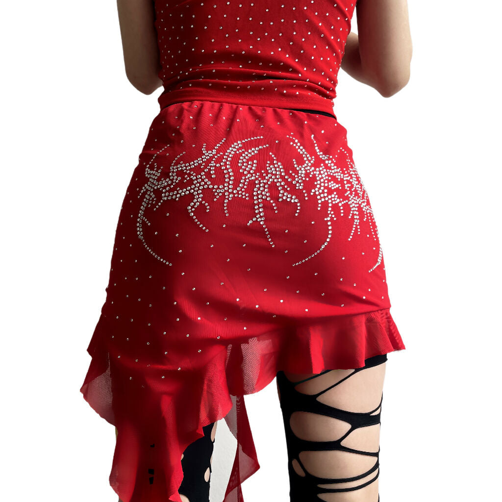 HEAVY METAL”Metal logo-Shining Ruffled fringe Red skirt & Tube top