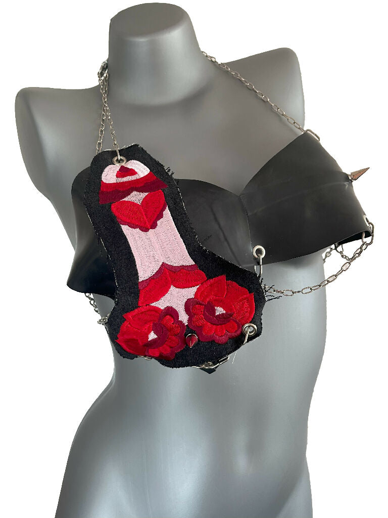 Latex Bra Top with Embroidered Denim Patch