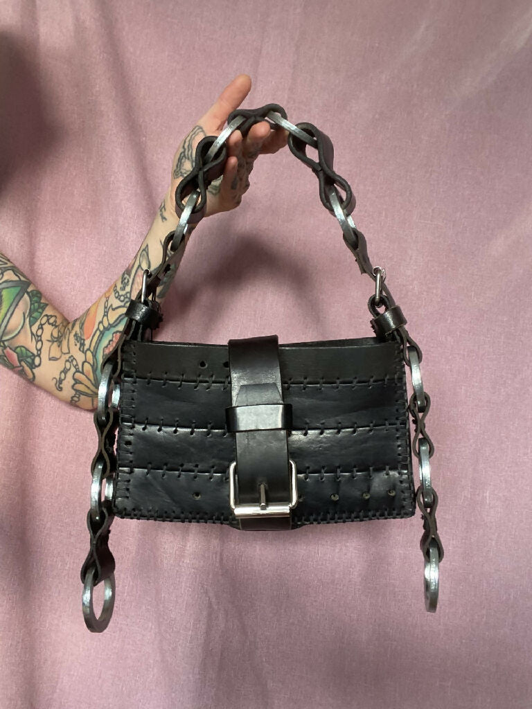 Upcycled Leather Handbag with Metal Ring Details