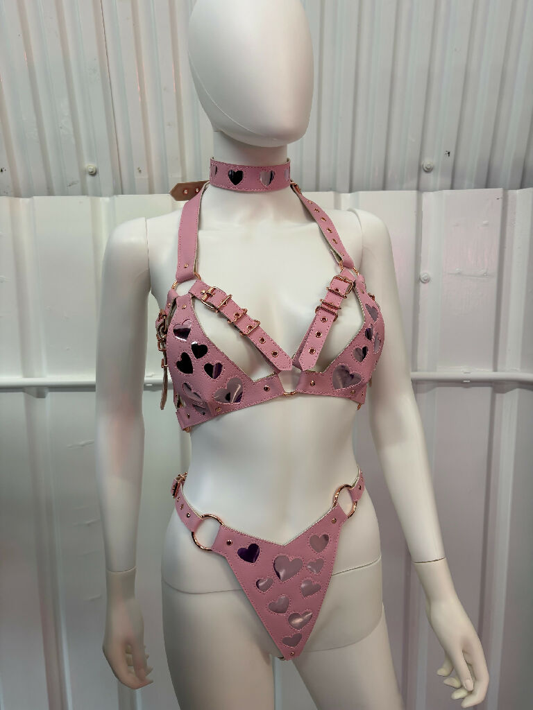 Pink 'Queen of Hearts' Bra, Thong & Collar Set.