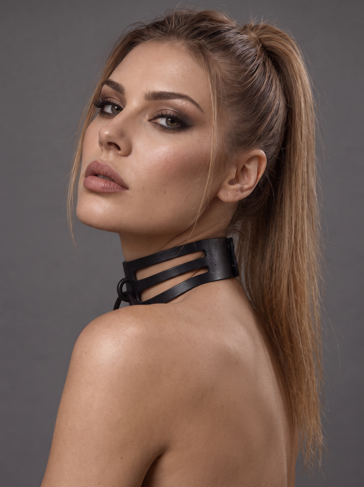 A woman with a high ponytail wearing a black fleather bdsm collar, shown in a close-up profile against a solid gray studio background.
