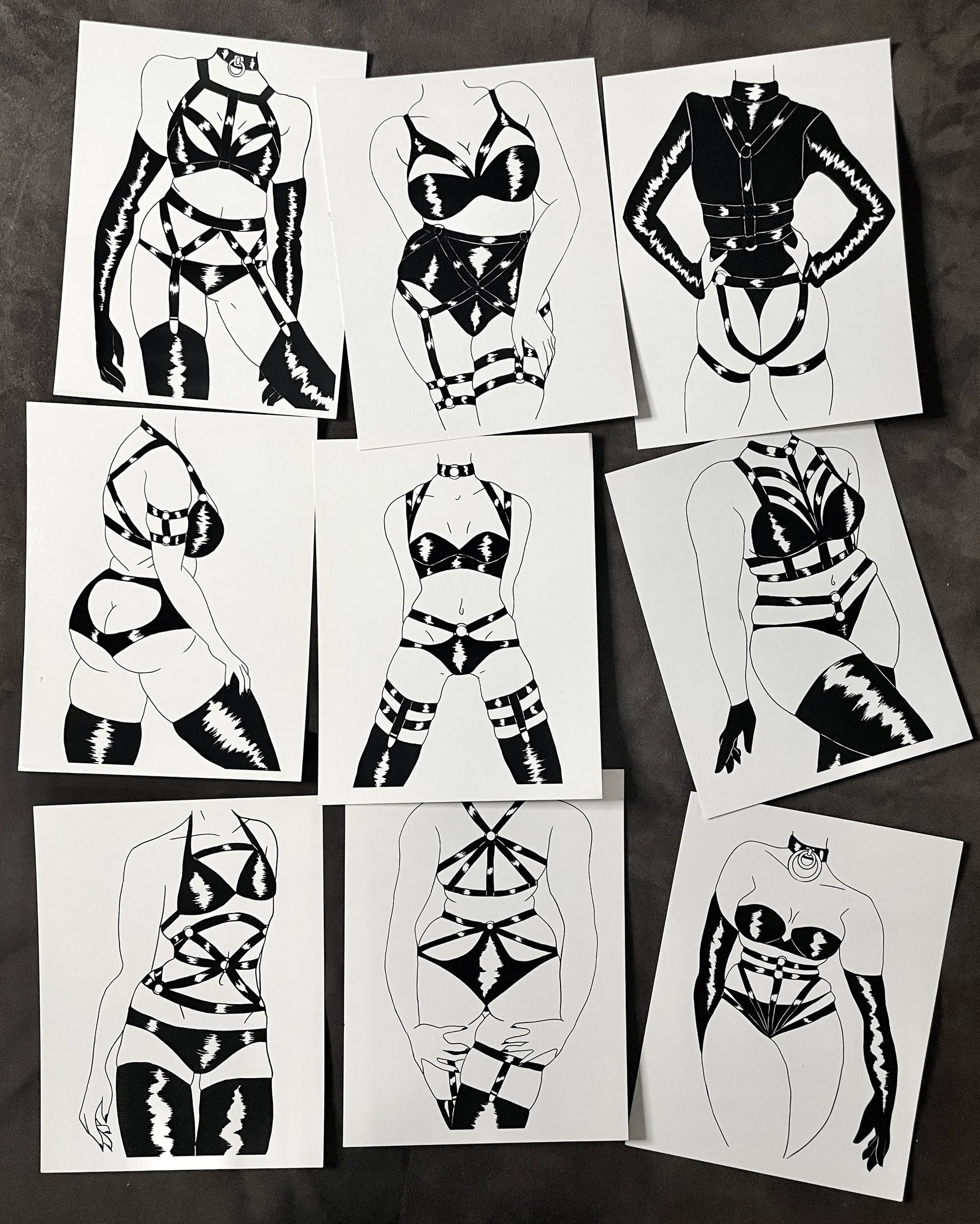 set of black line drawings of fem bodies