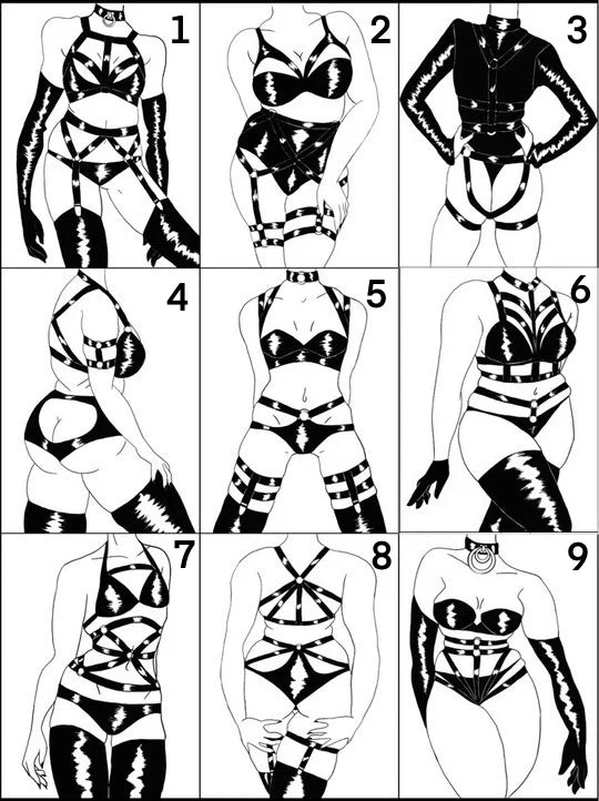 set of black line drawing of fem bodies with number labels