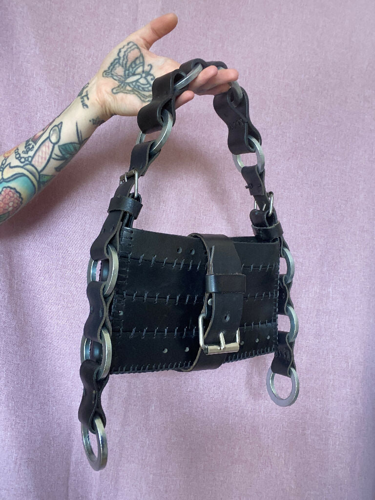 Upcycled Leather Handbag with Metal Ring Details