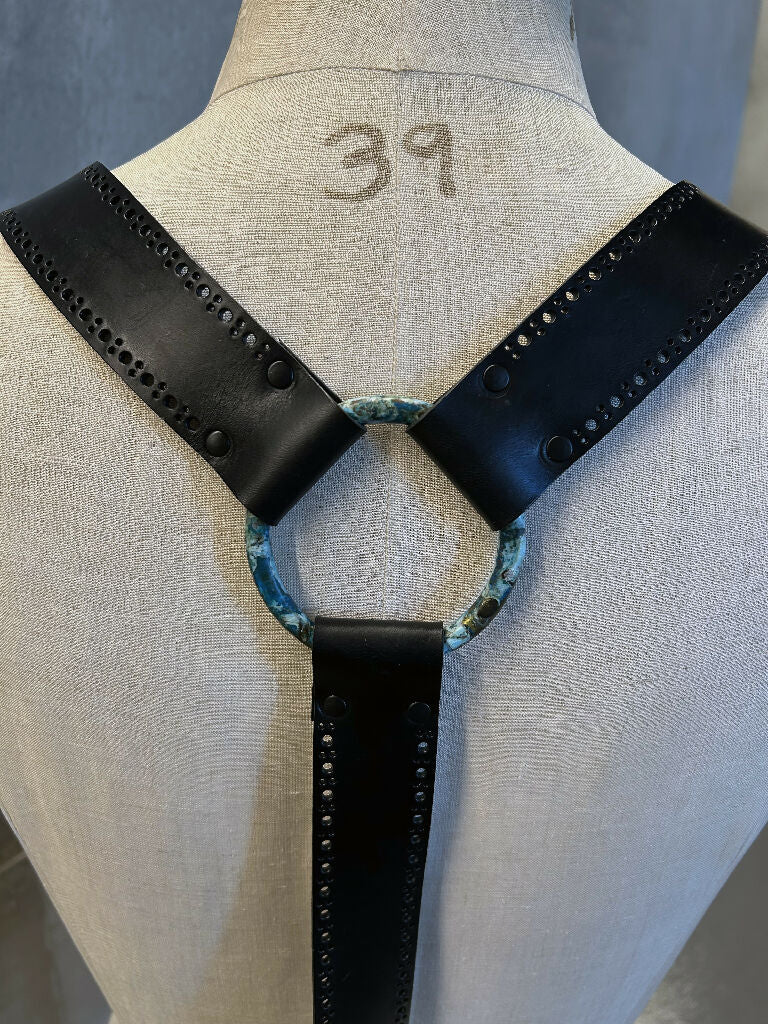 Black leather braces and belt set with broguing and oxidised brass hardware