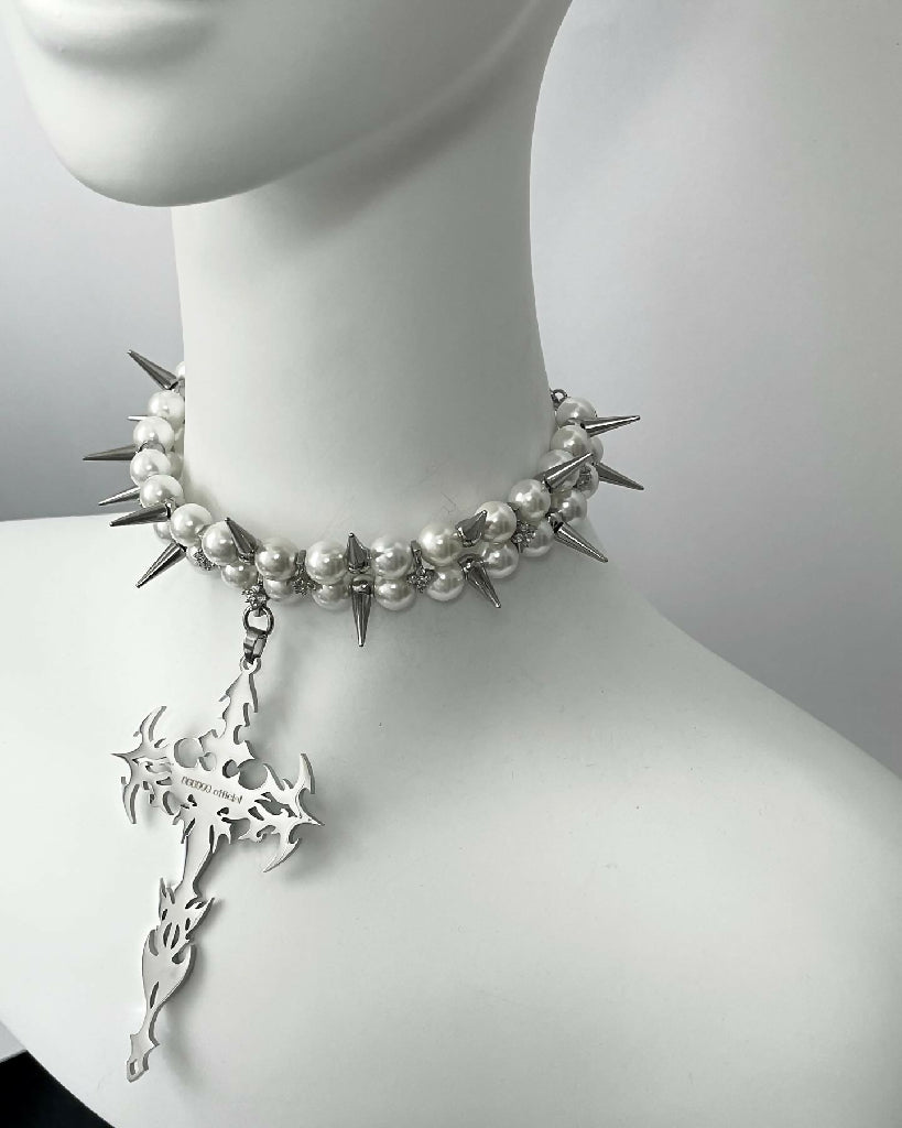 “Angel's Shackles” spiked pearls cross choker