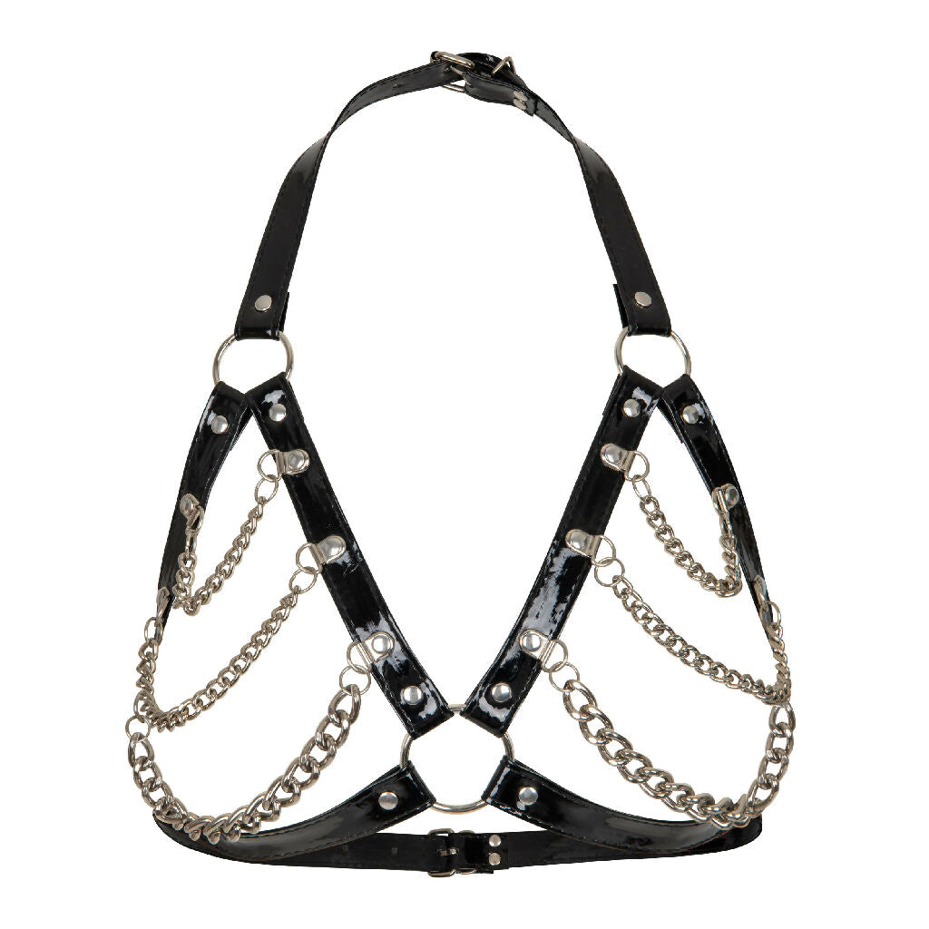 stanik_uprzaz_z_lancuchami_lateksowy_z_lacku_bdsm_fetish_czarny_przod