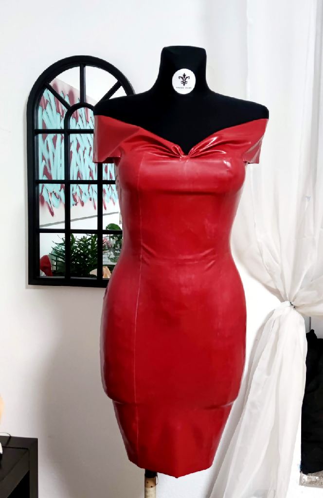 Diva' Latex midi off-shoulder dress with lace around waist Charmskool Shop Diva' Latex midi off-shoulder dress with lace around waist Charmskool Shop