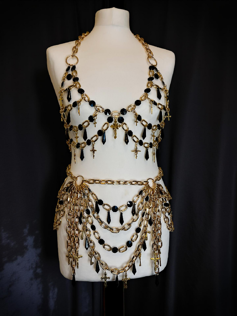 Benedetta crystal chain cross harness and belt set