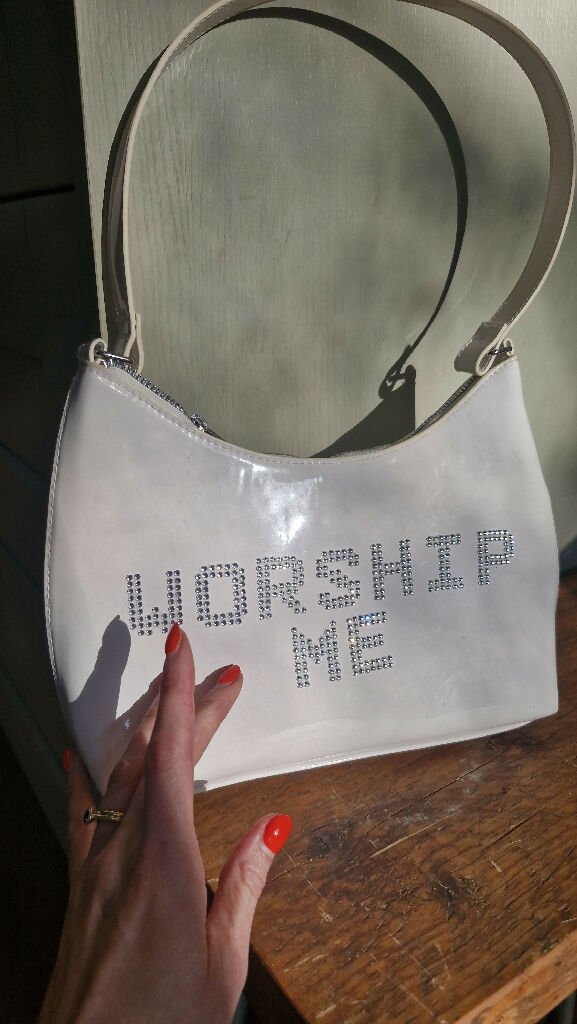 Upcycled 'WORSHIP ME' Rhinestone Custom Handbag