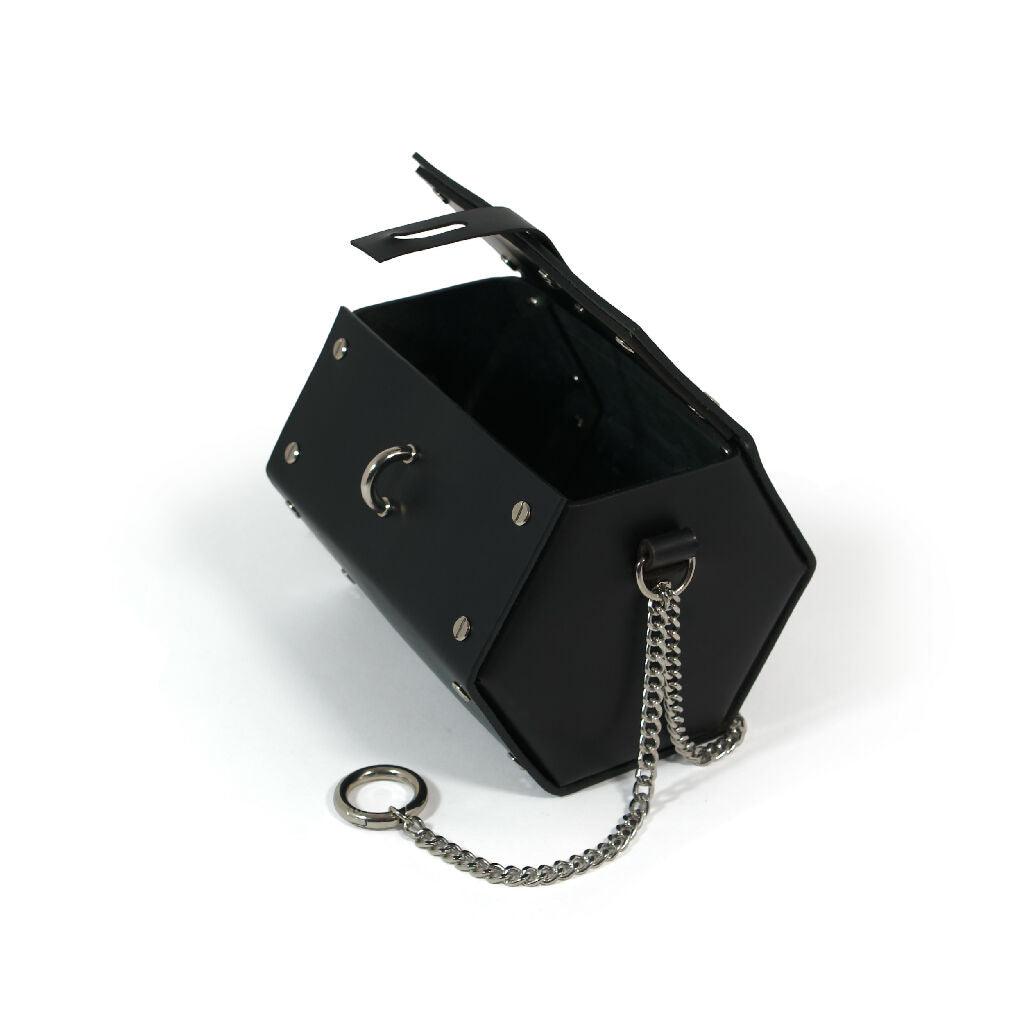 black leather handbag with chains