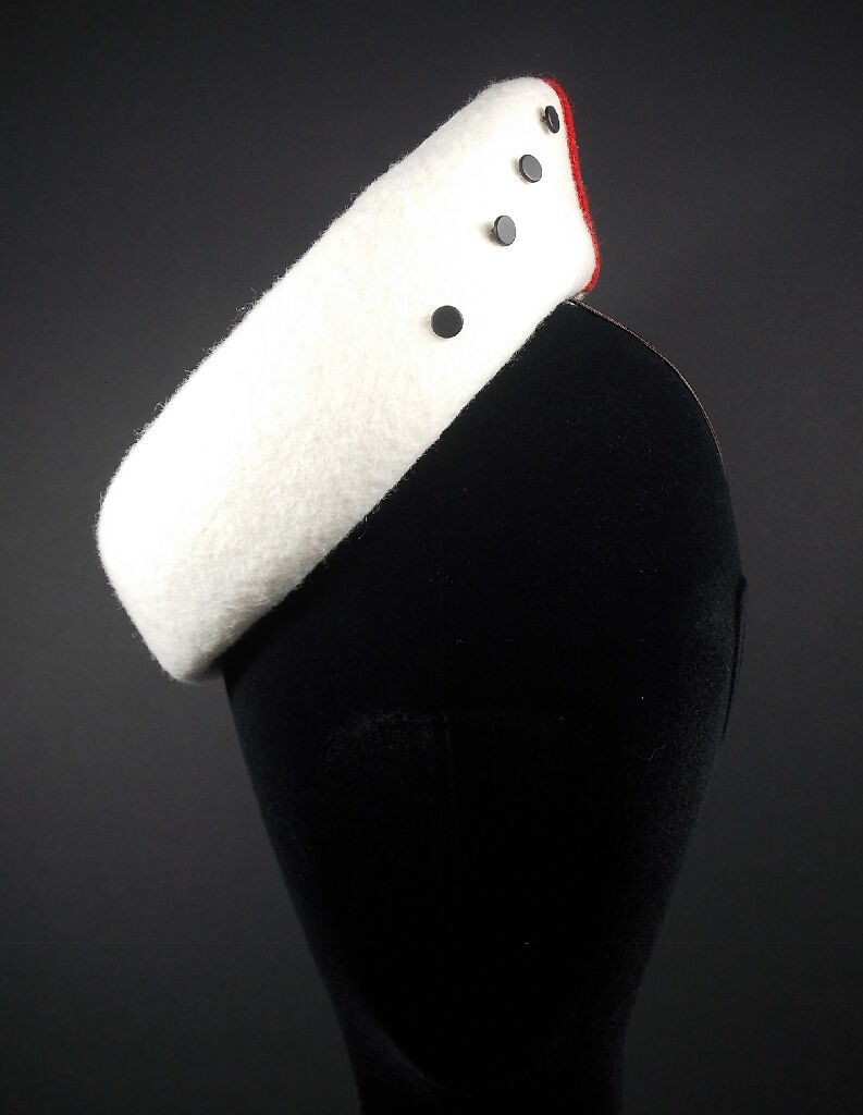 80s inspired white pointed hat with black and red detail