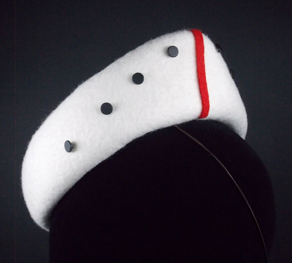 80s inspired white pointed hat with black and red detail