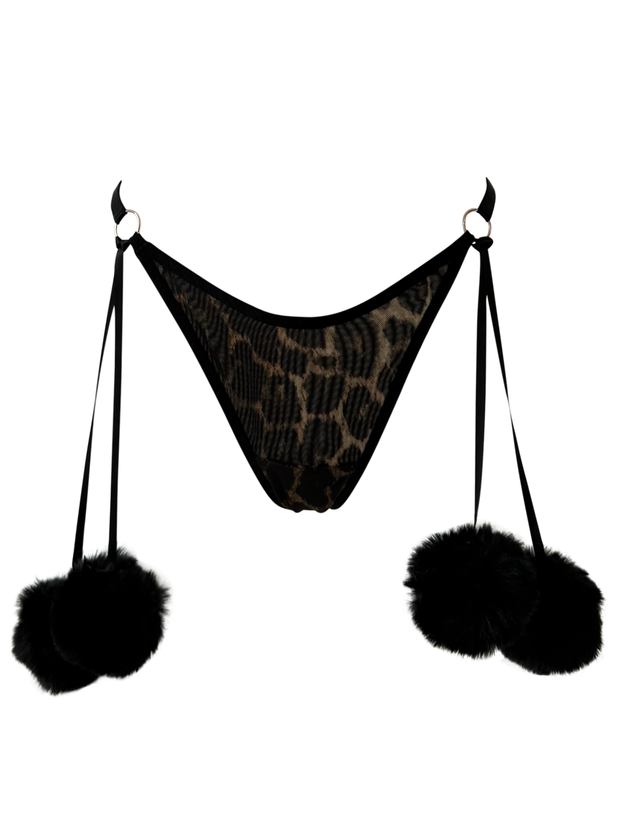 Leopard V2 High Leg Thong with Pom Poms
