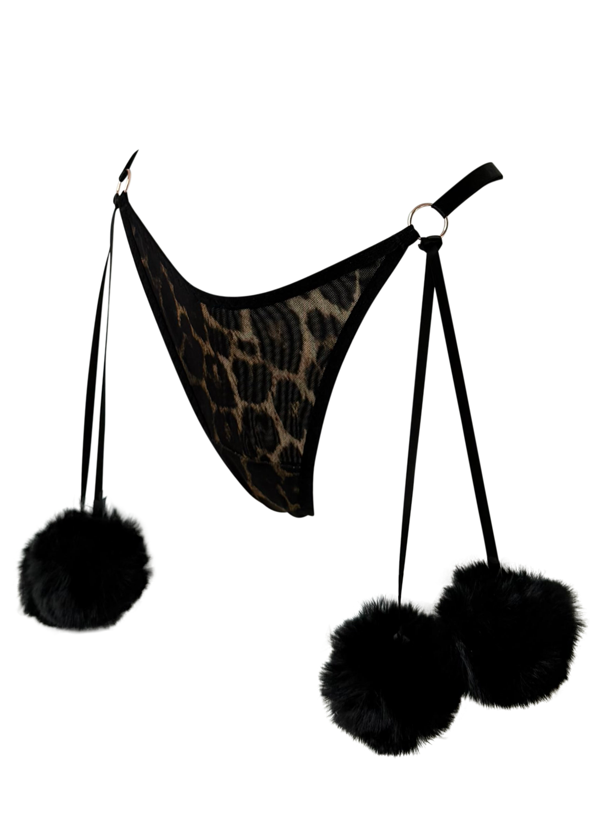 Leopard V2 High Leg Thong with Pom Poms