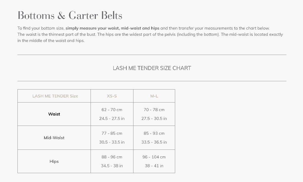 Bottoms & Garter Belts Size Guide