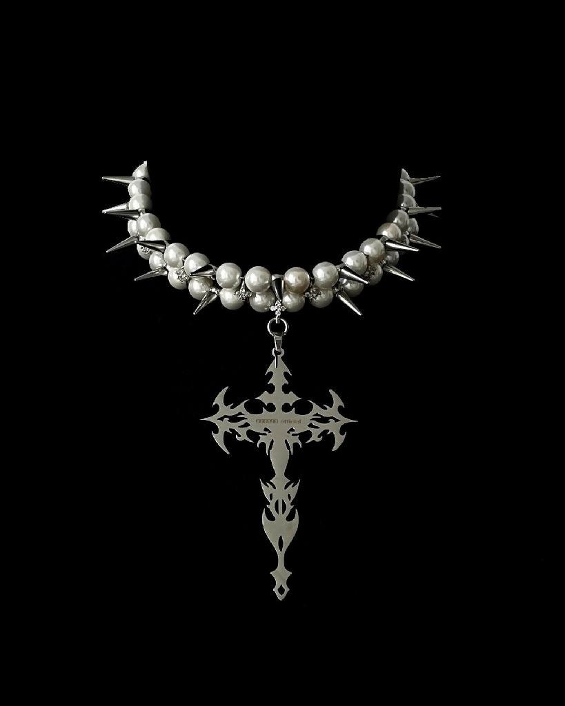 “Angel's Shackles” spiked pearls cross choker