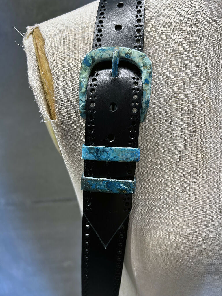 Black leather braces and belt set with broguing and oxidised brass hardware