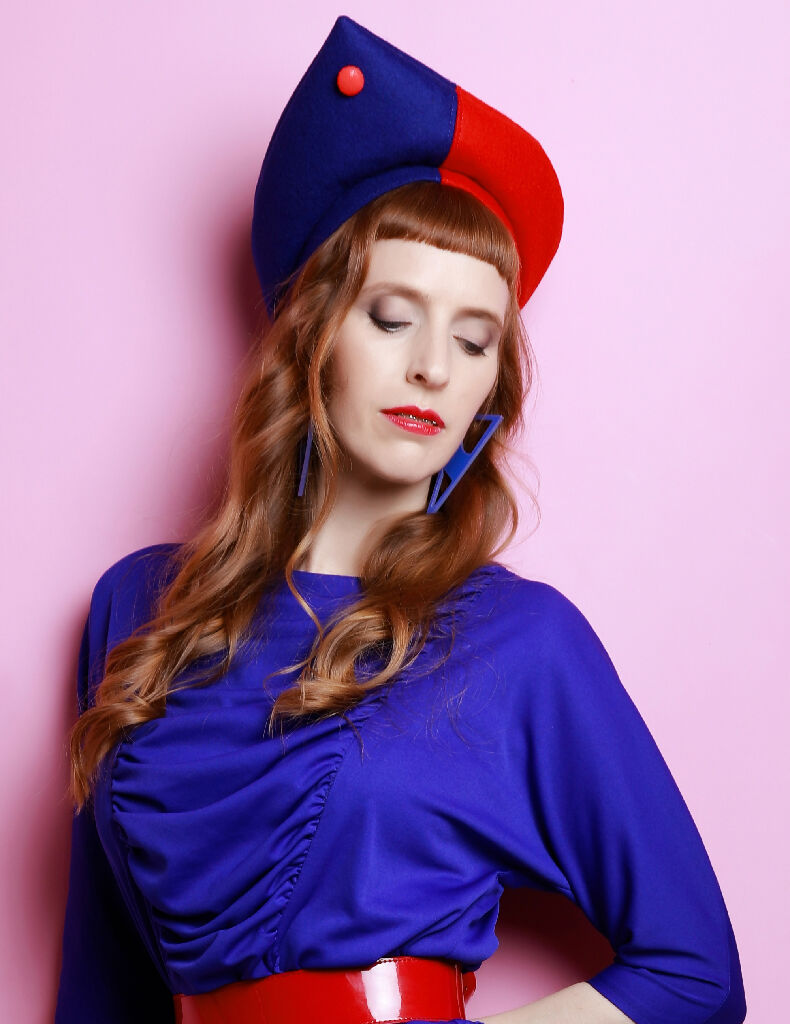 Red and blue pointed felt hat, 80s style