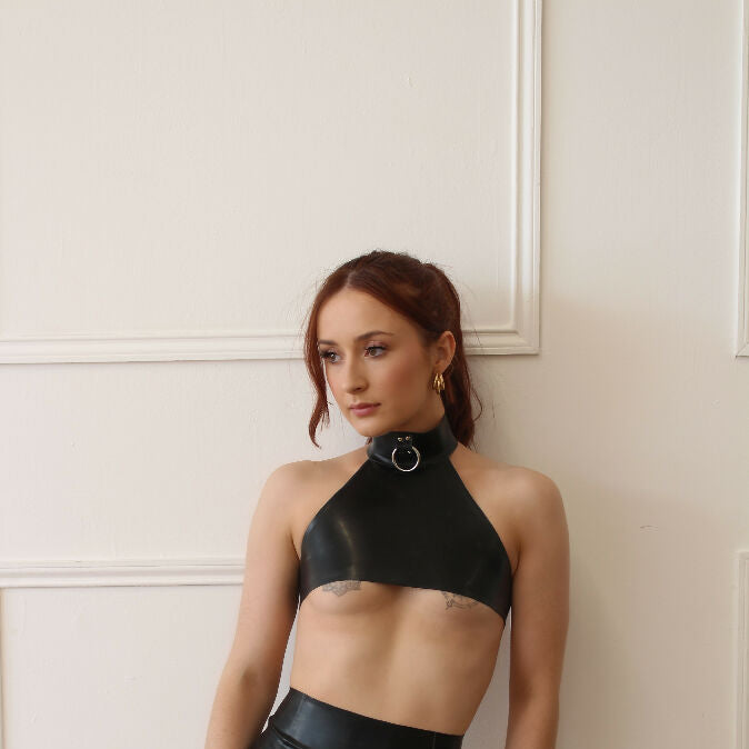 Latex Halter Neck Crop Top with O-ring Collar, Custom Made