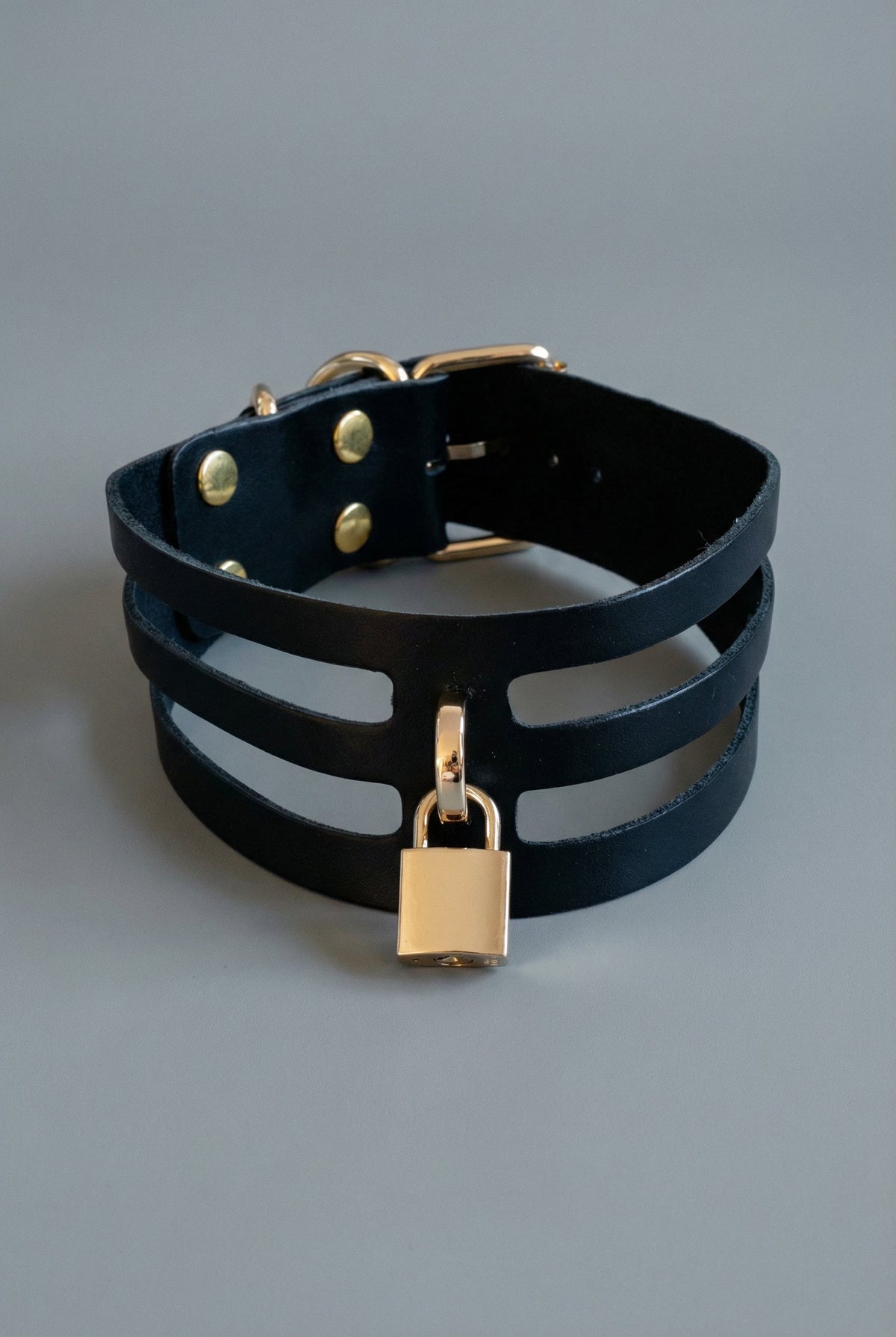 Black leather bdsm collar with gold locket with custom engraving