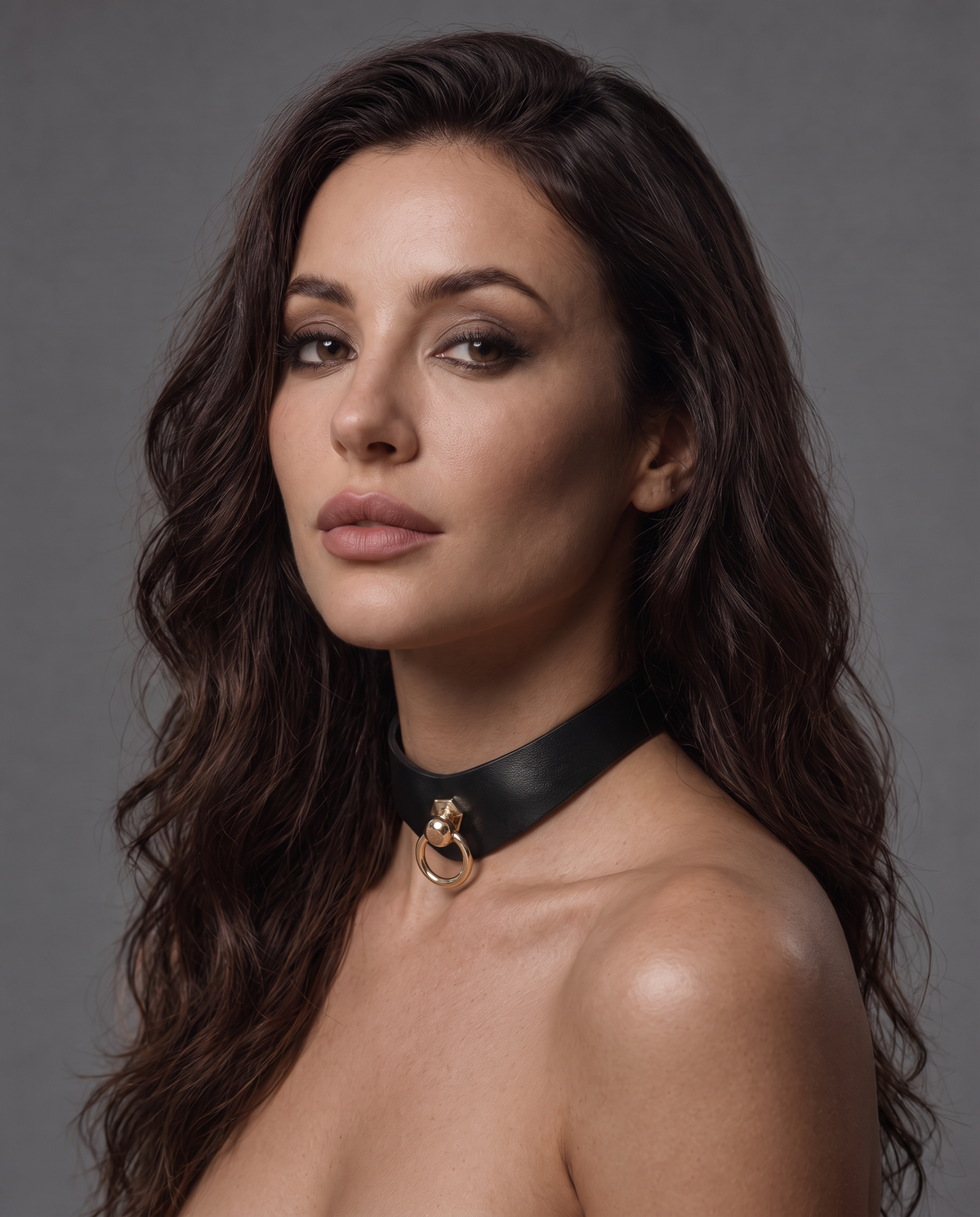  woman wearing a black leather bdsm collar with a gold swivel ring detail,